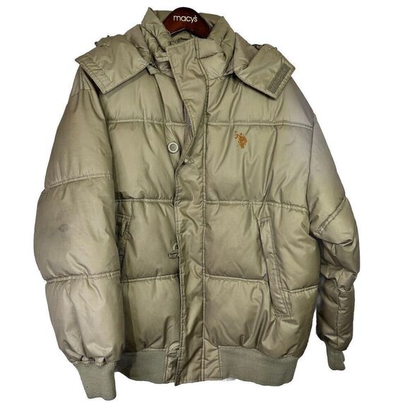 Vintage US Polo Assn Heavy Puffer Jacket Mens Large Beige Zip Button Close -Hood - Picture 3 of 13